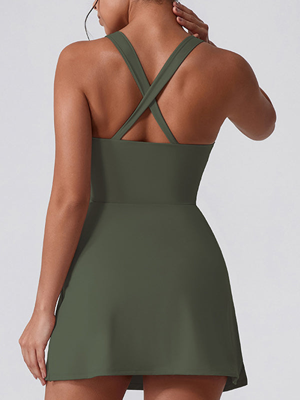 U Collar I-shaped Zipper Cross Back Quick-dry Dress