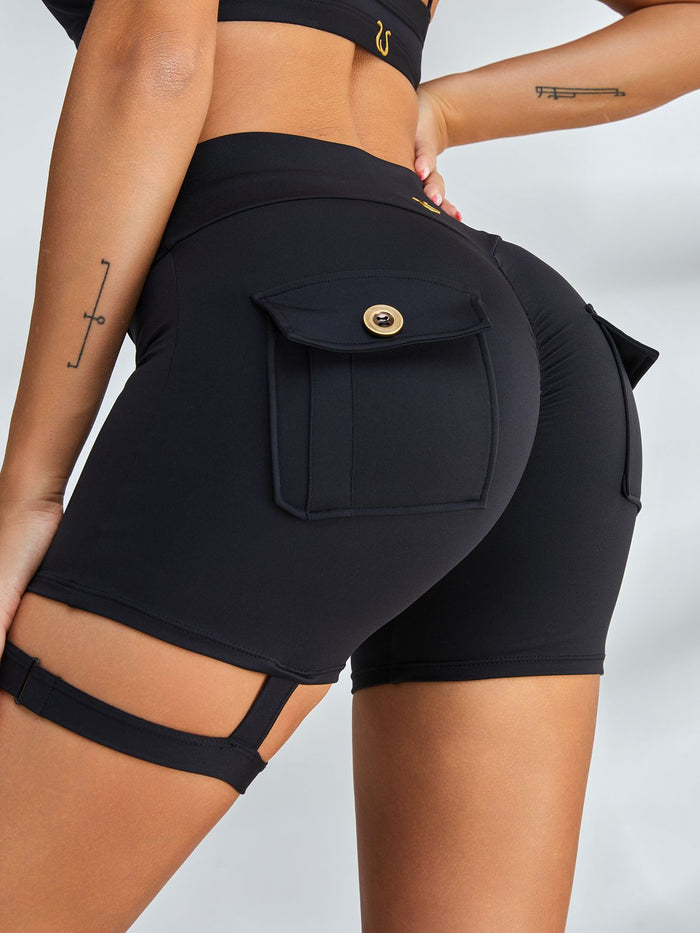 Unique Cut Out Pocket Mesh Scrunch Bum Spandex Gym Booty Shorts