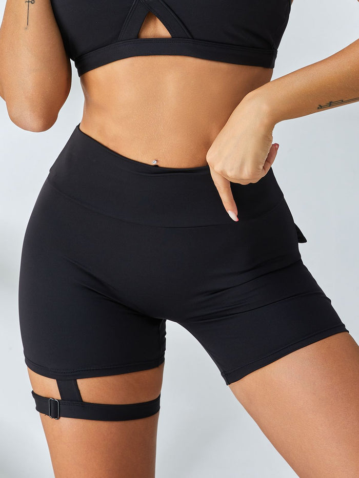Unique Cut Out Pocket Mesh Scrunch Bum Spandex Gym Booty Shorts