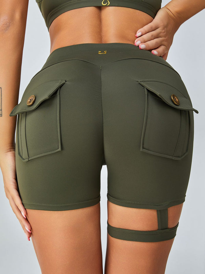 Unique Cut Out Pocket Mesh Scrunch Bum Spandex Gym Booty Shorts