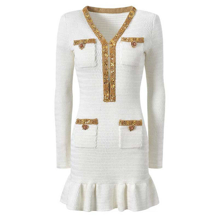 V-Neck Long Sleeves Mini Knitted Dress Beaded Buttons Body-Con Dress