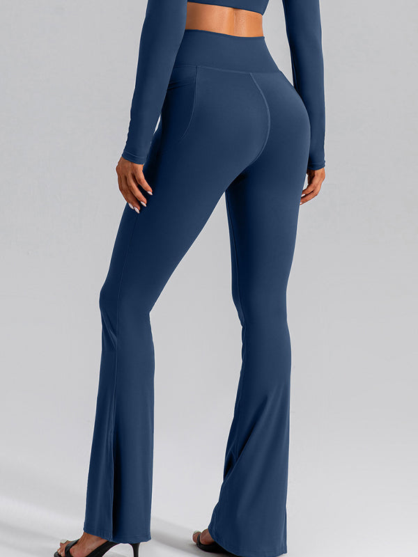 V-shape Waist Pocket Solid Color Split High-waisted Flare Pants