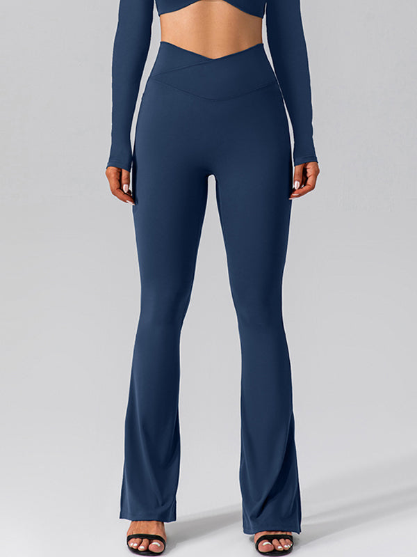 V-shape Waist Pocket Solid Color Split High-waisted Flare Pants
