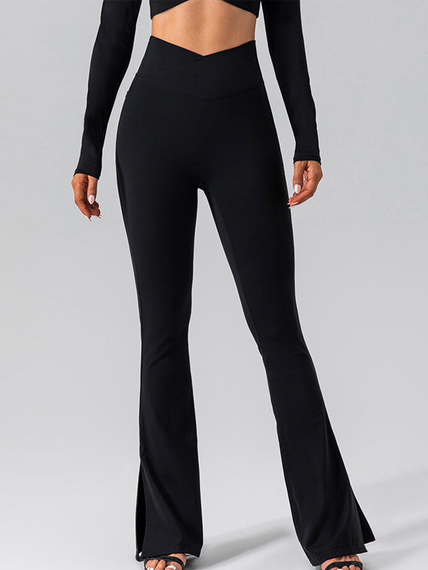 V-shape Waist Pocket Solid Color Split High-waisted Flare Pants