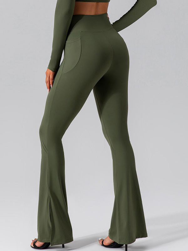 V-shape Waist Pocket Solid Color Split High-waisted Flare Pants
