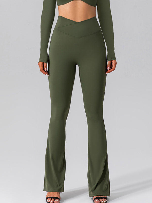 V-shape Waist Pocket Solid Color Split High-waisted Flare Pants