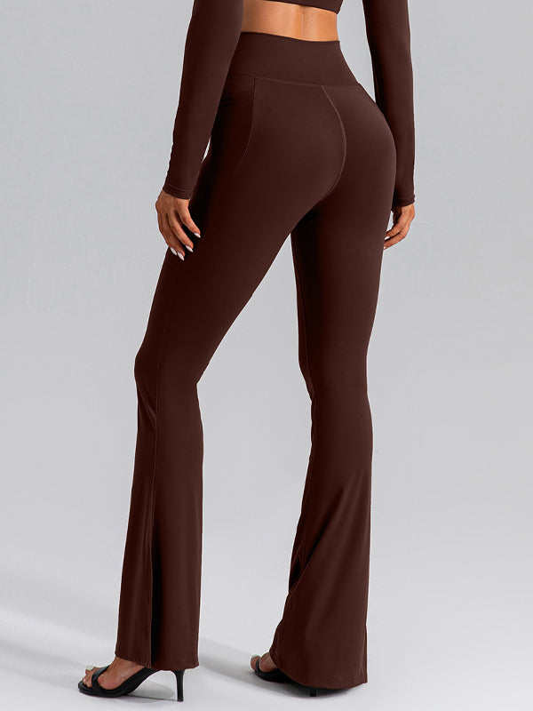 V-shape Waist Pocket Solid Color Split High-waisted Flare Pants