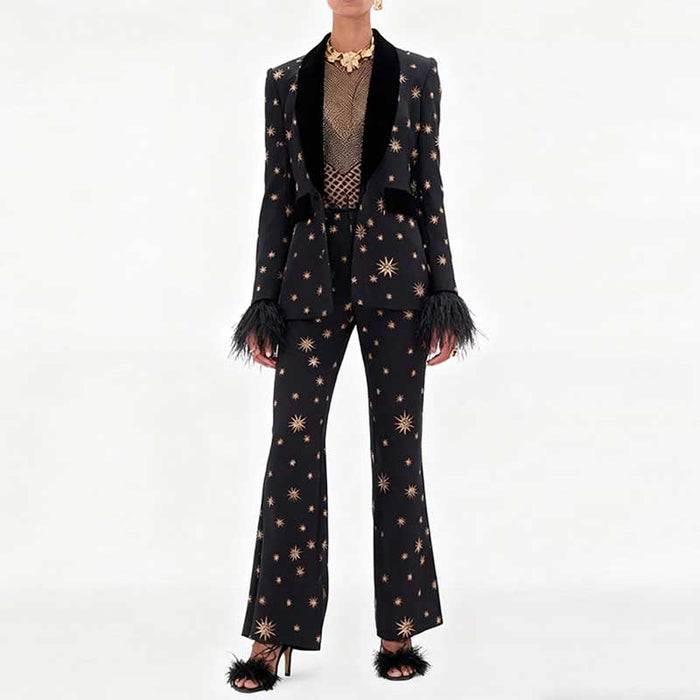 Stylish SD Dresscode velvet feather trim 2-piece suit for women with star pattern and flared pants