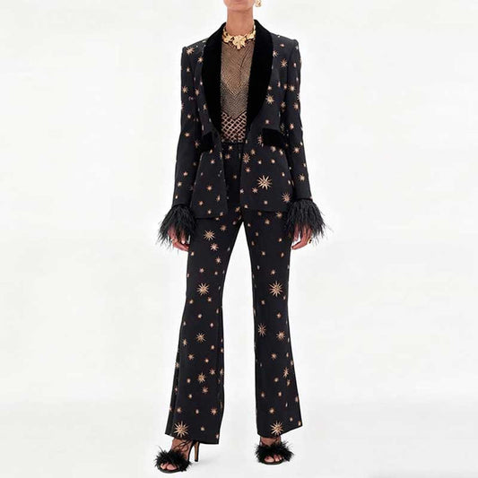 Stylish SD Dresscode velvet feather trim 2-piece suit for women with star pattern and flared pants