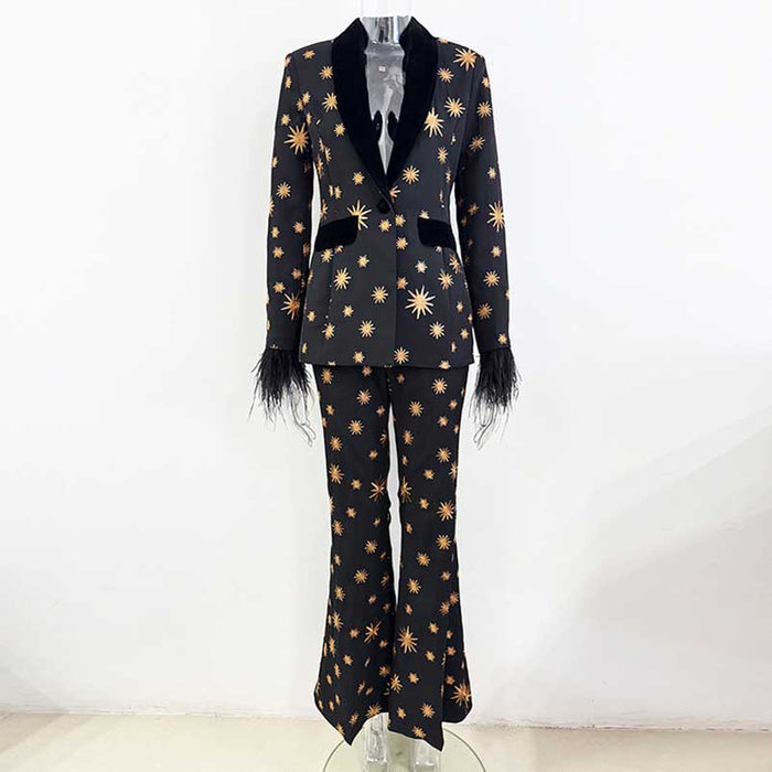 Stylish SD Dresscode velvet feather trim 2-piece suit for women in black with star patterns and elegant design