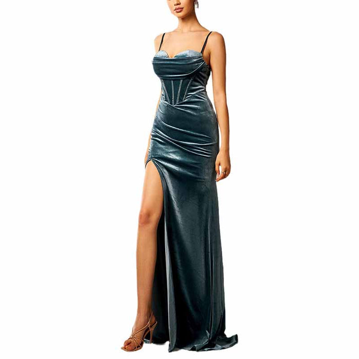 Velvet Spaghetti Strap Prom Dress High Split Wrap Evening Gowns Maxi Dress