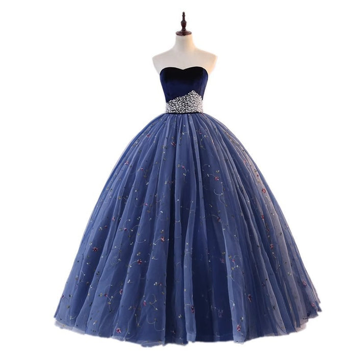 Velvet Sweetheart Ball Gown with Crystal Belt & Embroidered Tulle | Prom/Evening/Wedding Dress