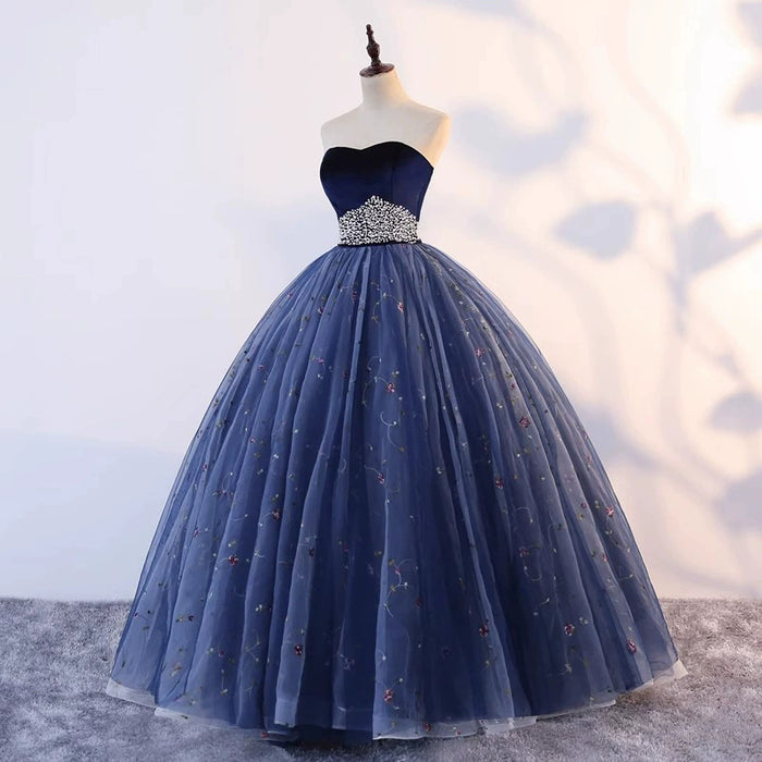 Velvet Sweetheart Ball Gown with Crystal Belt & Embroidered Tulle | Prom/Evening/Wedding Dress