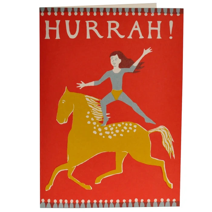 Card with a red cover featuring a woman on a horse and the word 'Hurrah!'