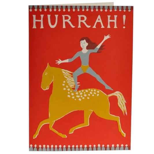 Card with a red cover featuring a woman on a horse and the word 'Hurrah!'