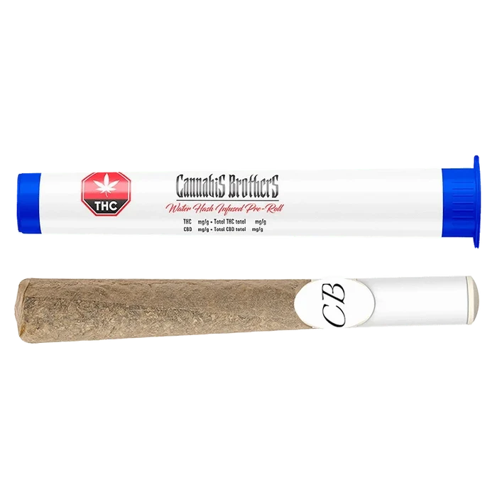 Close-up of the Water Hash Infused Whole Flower Pre Rolled 1 x 1 g, showing a pre-roll against a dark, neutral background.