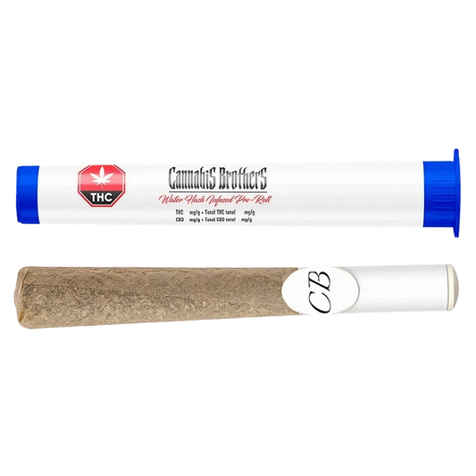 Close-up of the Water Hash Infused Whole Flower Pre Rolled 1 x 1 g, showing a pre-roll against a dark, neutral background.