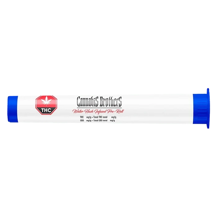 A close-up of the Water Hash Infused Whole Flower Pre Rolled 1 x 1 g package, displaying a branded THC emblem on a white background.