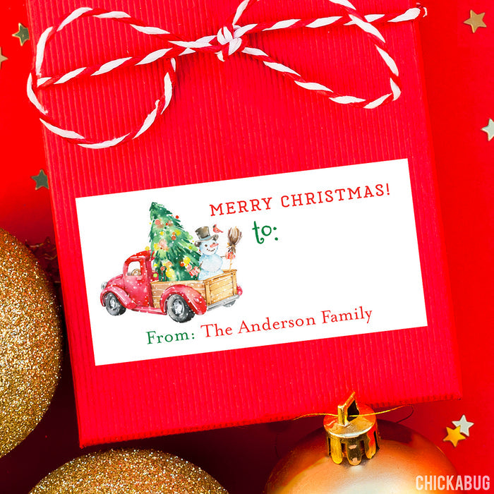 Watercolor Red Truck with Snowman Christmas Gift Labels