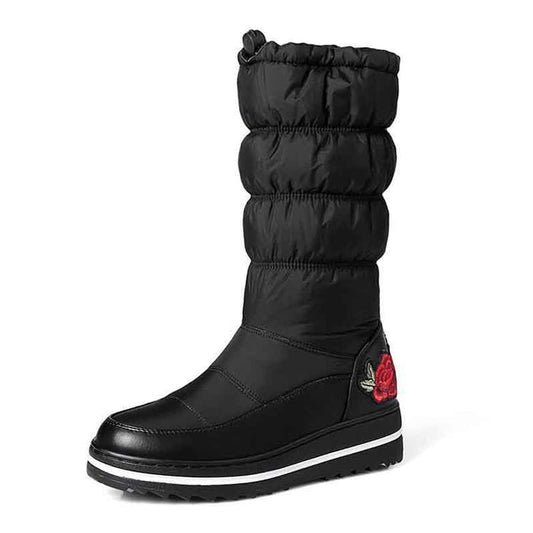 Tucomosi waterproof womens snow boots with puffy design and floral embroidery for winter wear
