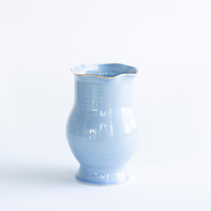 Wavy Amphora Stoneware Vase — French Blue Wavy Amphora vase with Gold-luster rim; Susan Gordon Pottery