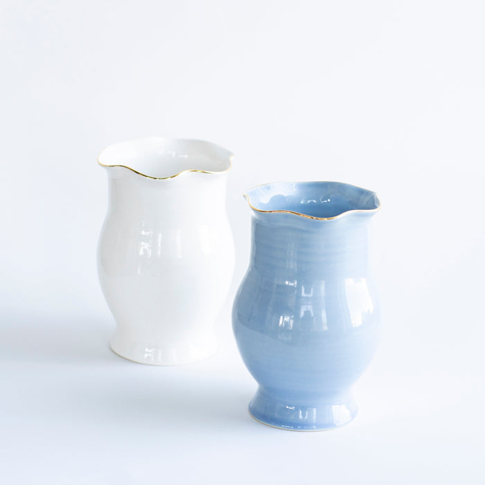 Wavy Amphora Stoneware Vase — White and French Blue vases shown together, each sold individually; Susan Gordon Pottery
