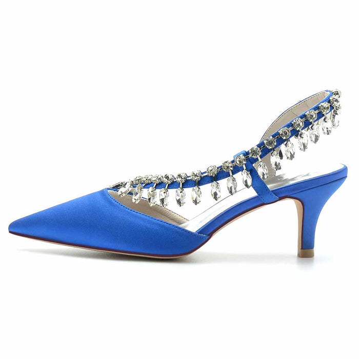 Elegant blue slingback wedding party heels adorned with sparkling embellishments and a pointed toe design
