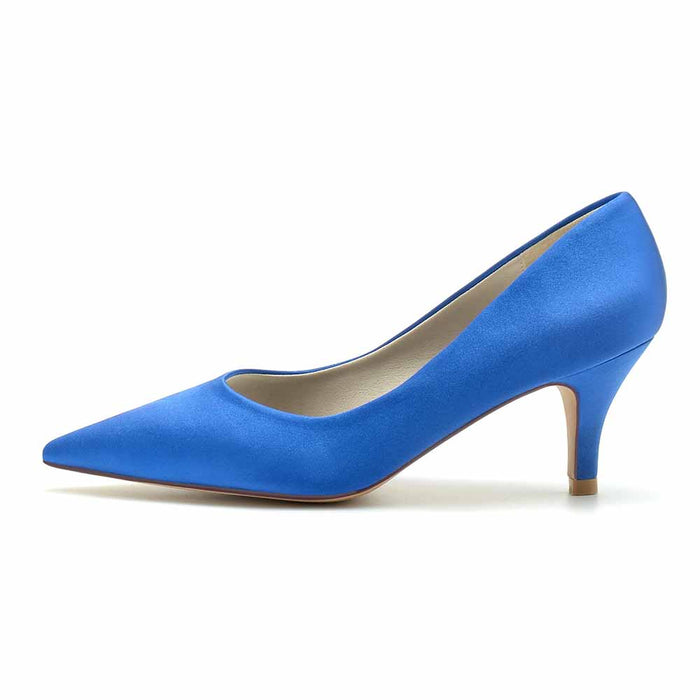 Elegant blue satin wedding party shoes women with a stylish pointed toe and a mid-heel design.