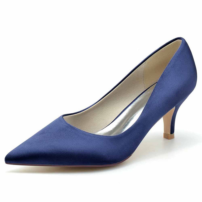 Elegant navy satin TC wedding party shoes women with a classic pointed toe design and a modest heel