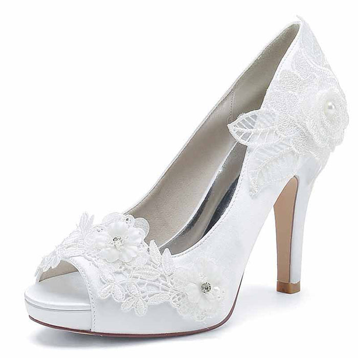 Wedding Shoes Peep Toe Stiletto Lace Satin Bridal Heels