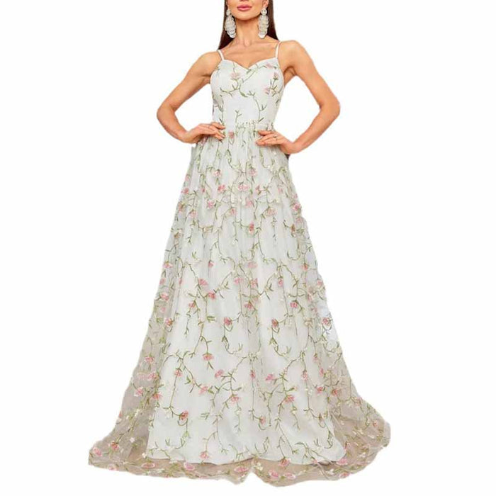 White Floral Bridesmaid Dress Spaghetti Strap Wedding Gown Homecoming Dress