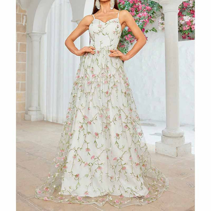 White Floral Bridesmaid Dress Spaghetti Strap Wedding Gown Homecoming Dress