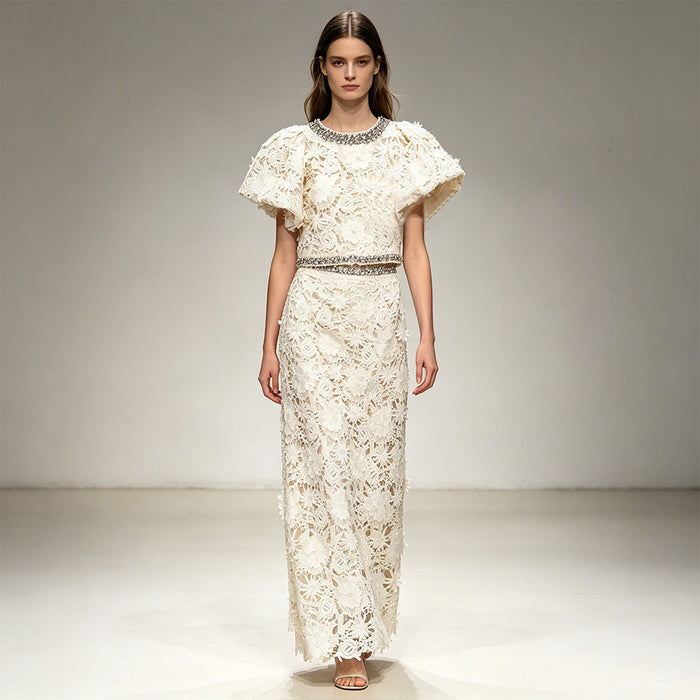 White Floral Lace 2-Piece Set | Short Sleeve Beaded Crop Top & High Waist Maxi Skirt Suit