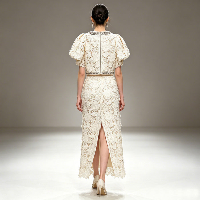 White Floral Lace 2-Piece Set | Short Sleeve Beaded Crop Top & High Waist Maxi Skirt Suit
