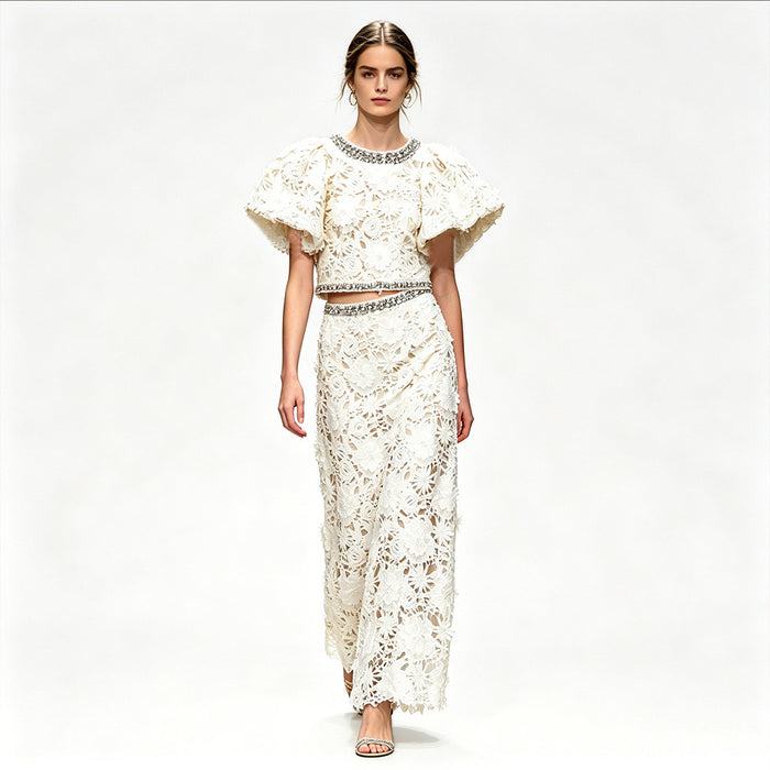 White Floral Lace 2-Piece Set | Short Sleeve Beaded Crop Top & High Waist Maxi Skirt Suit
