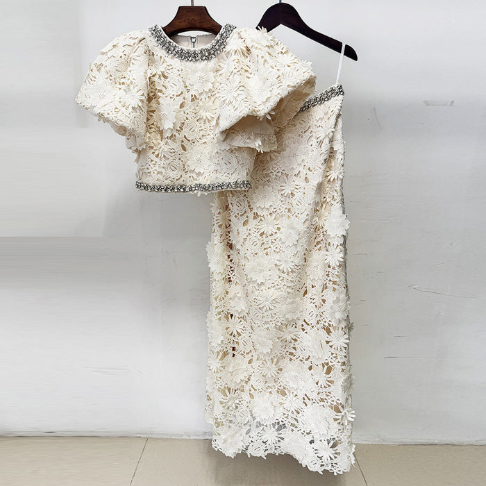 White Floral Lace 2-Piece Set | Short Sleeve Beaded Crop Top & High Waist Maxi Skirt Suit