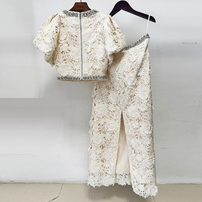 White Floral Lace 2-Piece Set | Short Sleeve Beaded Crop Top & High Waist Maxi Skirt Suit