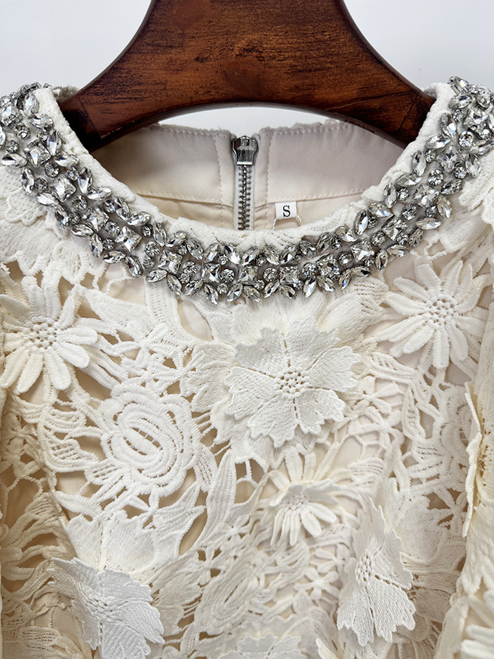 White Floral Lace 2-Piece Set | Short Sleeve Beaded Crop Top & High Waist Maxi Skirt Suit