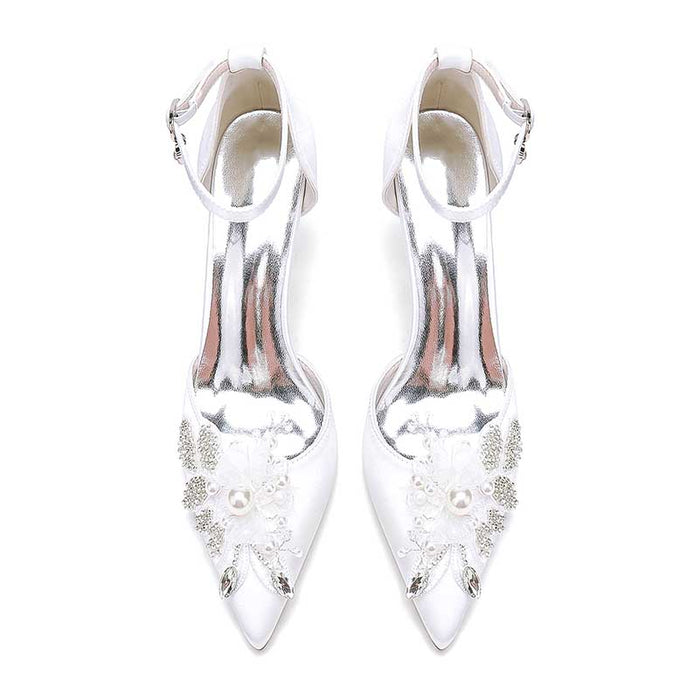 White Heels Wedding Shoes Rhinestone Appliqued Ankle Straps Bridal Pump