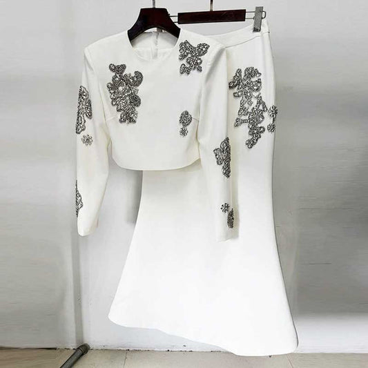 White Maxi Skirt Suit With Crystal Beads Long Sleeve Skirt Set Wedding Outfit