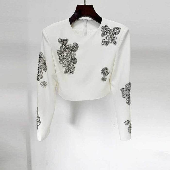 White Maxi Skirt Suit With Crystal Beads Long Sleeve Skirt Set Wedding Outfit