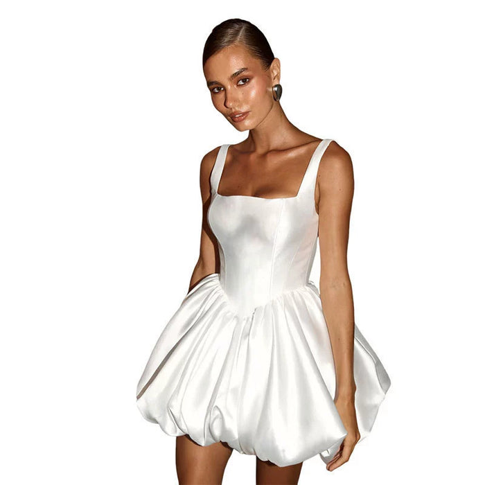 White Satin Puffball Dress | Square Neck Mini Dress | Bridal Party City Hall Dress | Corset Style Cocktail Gown