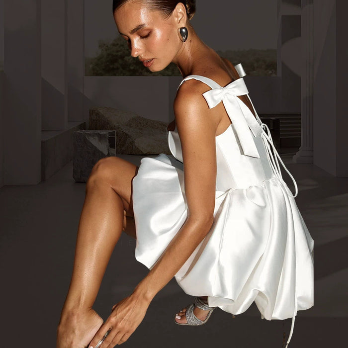 White Satin Puffball Dress | Square Neck Mini Dress | Bridal Party City Hall Dress | Corset Style Cocktail Gown