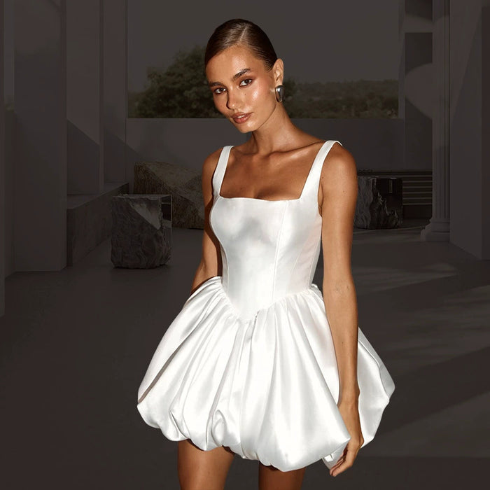 White Satin Puffball Dress | Square Neck Mini Dress | Bridal Party City Hall Dress | Corset Style Cocktail Gown