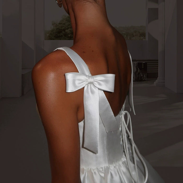 White Satin Puffball Dress | Square Neck Mini Dress | Bridal Party City Hall Dress | Corset Style Cocktail Gown