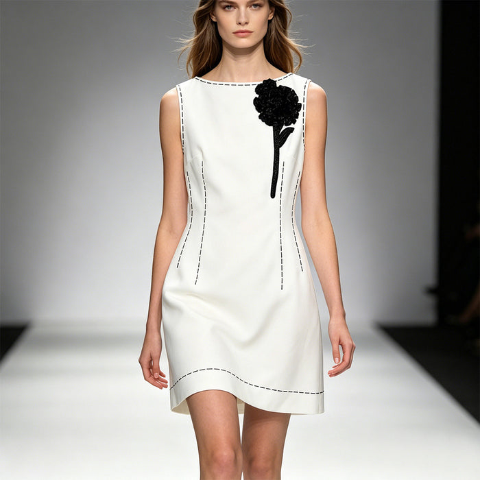 White Sleeveless Dress with Black Flower | Womens Shift Dress Contrast Trim | Elegant Party & Cocktail Dress