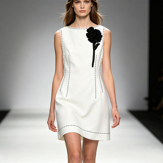 White Sleeveless Dress with Black Flower | Womens Shift Dress Contrast Trim | Elegant Party & Cocktail Dress