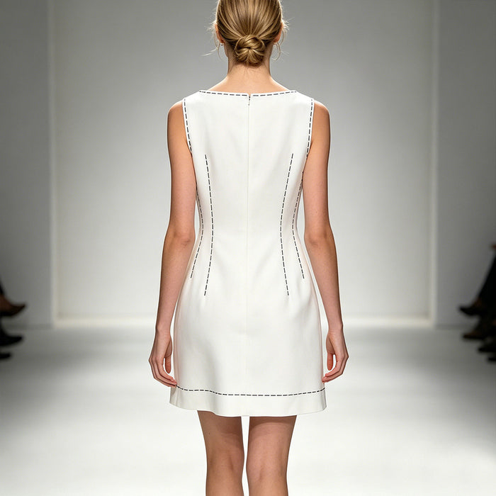 White Sleeveless Dress with Black Flower | Womens Shift Dress Contrast Trim | Elegant Party & Cocktail Dress