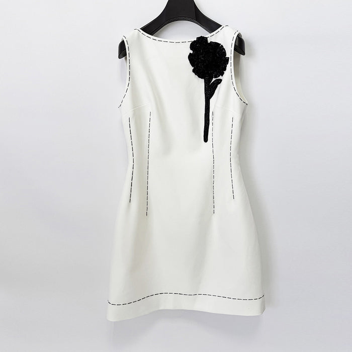 White Sleeveless Dress with Black Flower | Womens Shift Dress Contrast Trim | Elegant Party & Cocktail Dress
