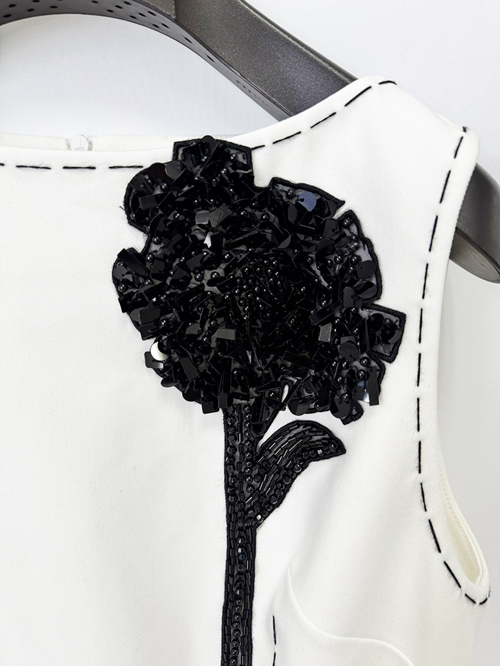 White Sleeveless Dress with Black Flower | Womens Shift Dress Contrast Trim | Elegant Party & Cocktail Dress